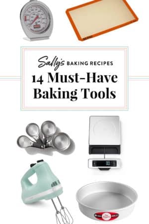 graphic displaying kitchen tools photos with text 14 must have baking tools on top.