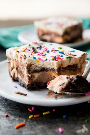 slice of ice cream cake on a white plate with a fork