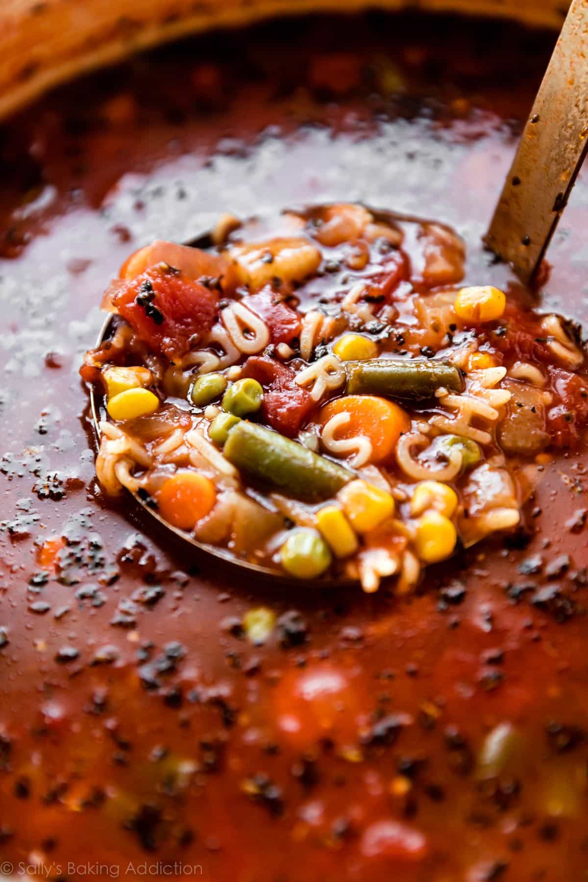 ladle of homemade alphabet vegetable soup