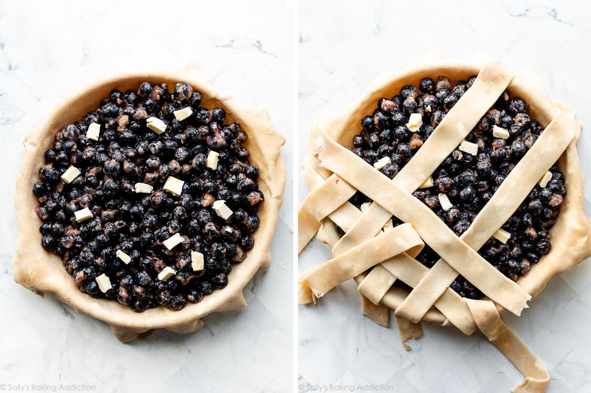 assembling lattice-style pie crust on top of pie filling.