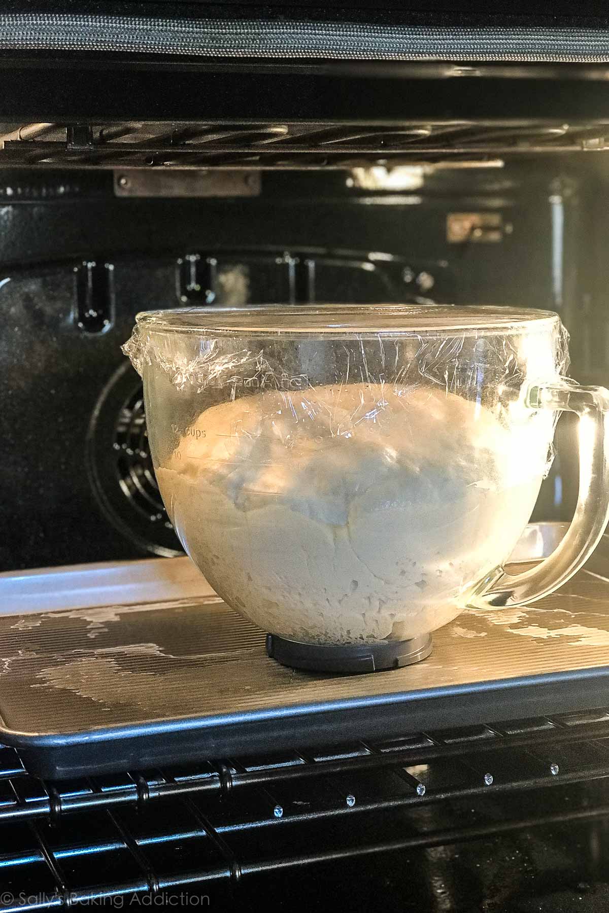 bread bowls dough rising in a glass bowl placed in the oven