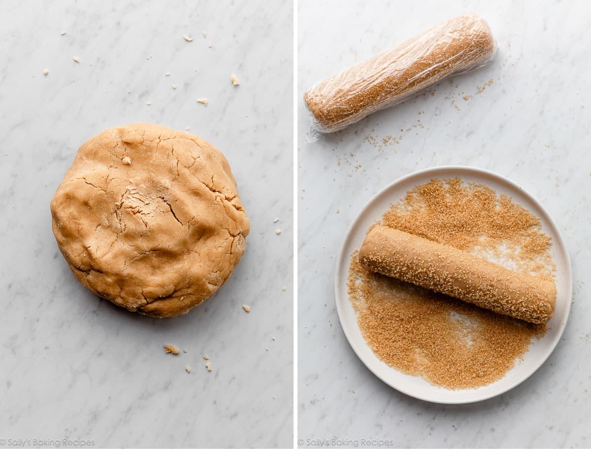 brown sugar cookie dough shaped into disc and shown again rolled in logs.