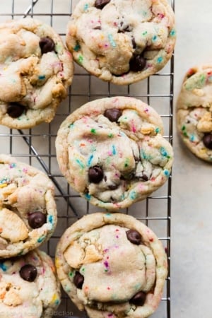 cake batter Oreo cookies on a cooling rack