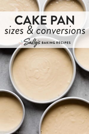 cake pans filled with batter with text overlay saying cake pan sizes & conversions.