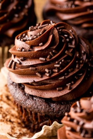 Chocolate cupcake topped with chocolate buttercream and chocolate sprinkles