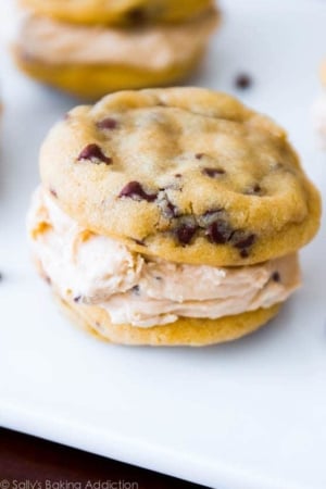 chocolate chip cookie dough sandwiches on a white serving tray