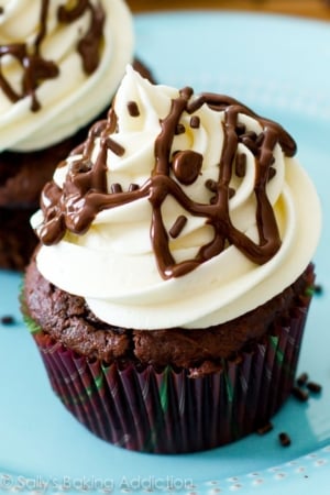 chocolate cupcakes topped with white chocolate frosting and chocolate sprinkles on a blue plate