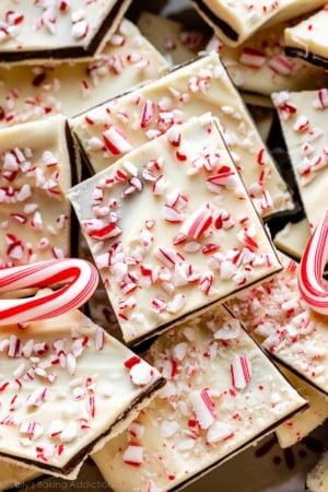 up-close photo of peppermint bark with crushed candy canes on top.