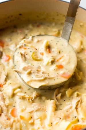 ladle of creamy chicken noodle soup.