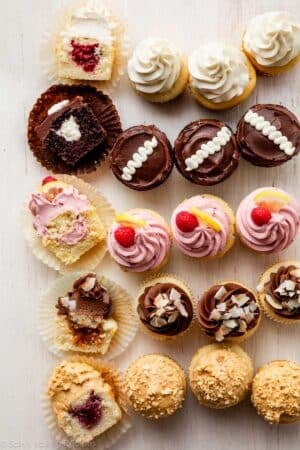 overhead photo of a variety of filled cupcakes.