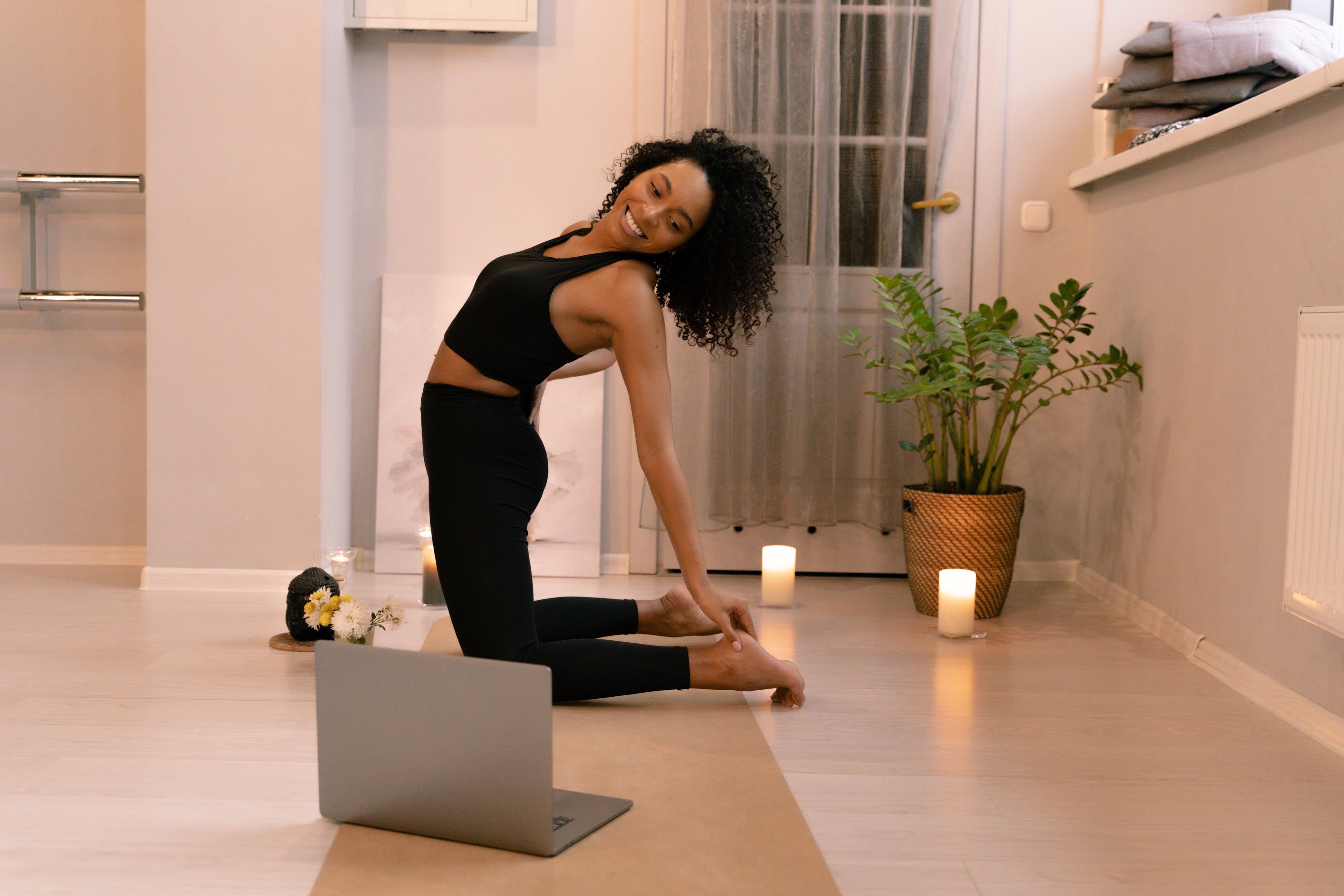 Woman stretching at home