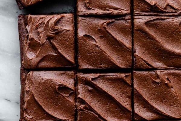 overhead photo of chocolate frosted brownies cut into squares.