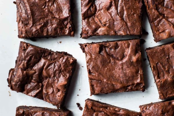 overhead image of fudgy brownies cut into squares