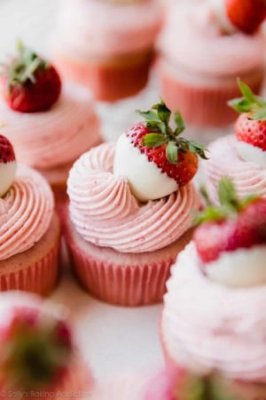 strawberry cupcakes with white chocolate strawberry frosting topped with white chocolate dipped strawberry