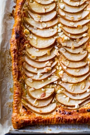 overhead image of honey pear tart after baking