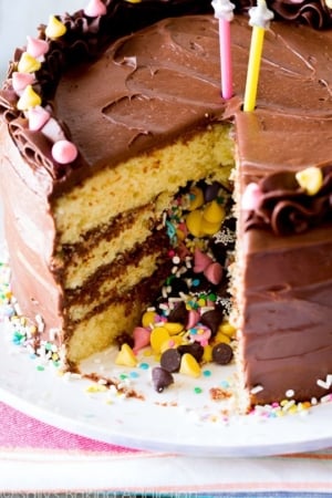 piñata cake on a white serving plate with a slice removed showing the candy center