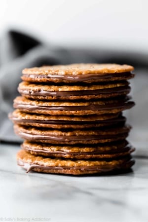 Stack of easy lace cookies with Nutella filling