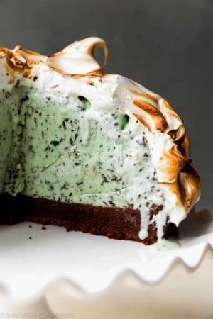 brownie baked Alaska on a white cake stand