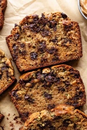 peanut butter chocolate chip zucchini bread loaf in slices.