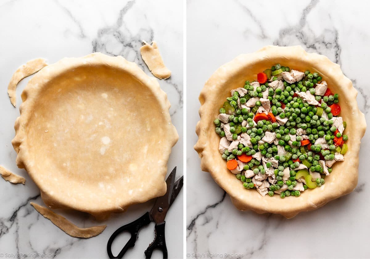 pie dough rolled out and fit into pie dough and shown again with peas, chicken, and other vegetables.