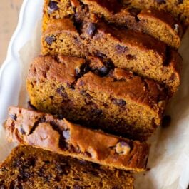 slices of pumpkin bread on a white serving tray