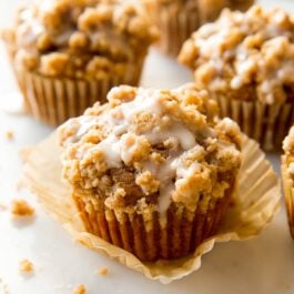 pumpkin crumb cake muffins with maple icing