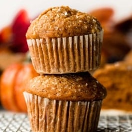 stack of 2 pumpkin muffins.