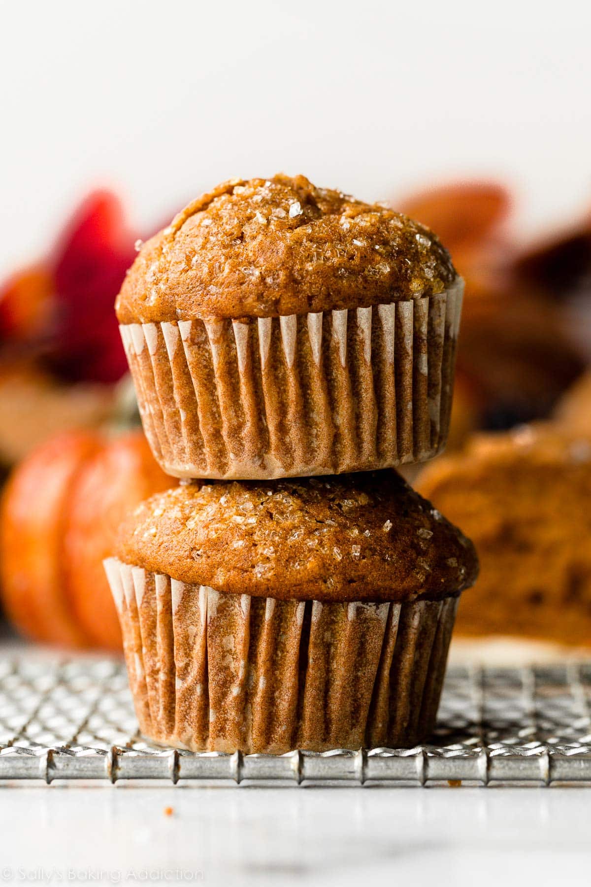 stack of 2 pumpkin muffins.