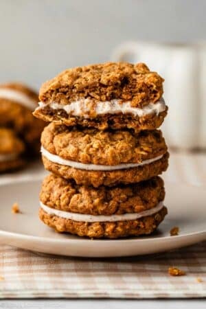 stack of pumpkin oatmeal cream pies cookie sandwiches.