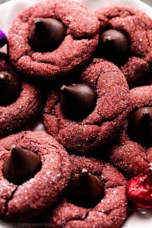 red velvet cookies with Hershey's Kisses pressed in the center