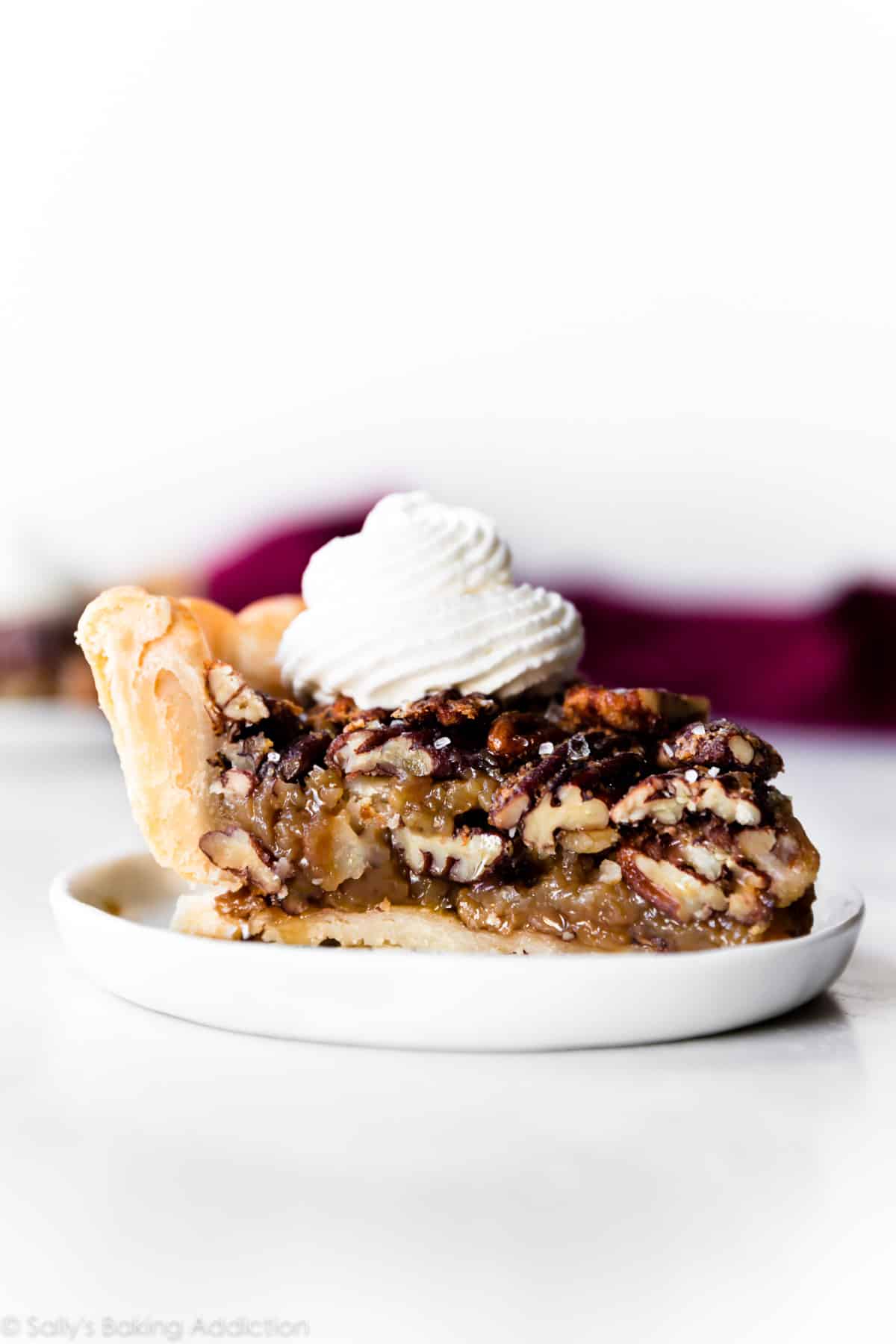 slice of maple pecan pie with whipped cream on a white plate