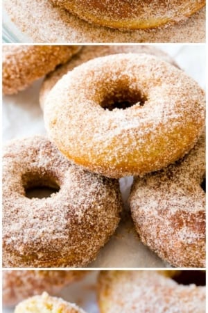 3 images of baked cinnamon sugar donuts