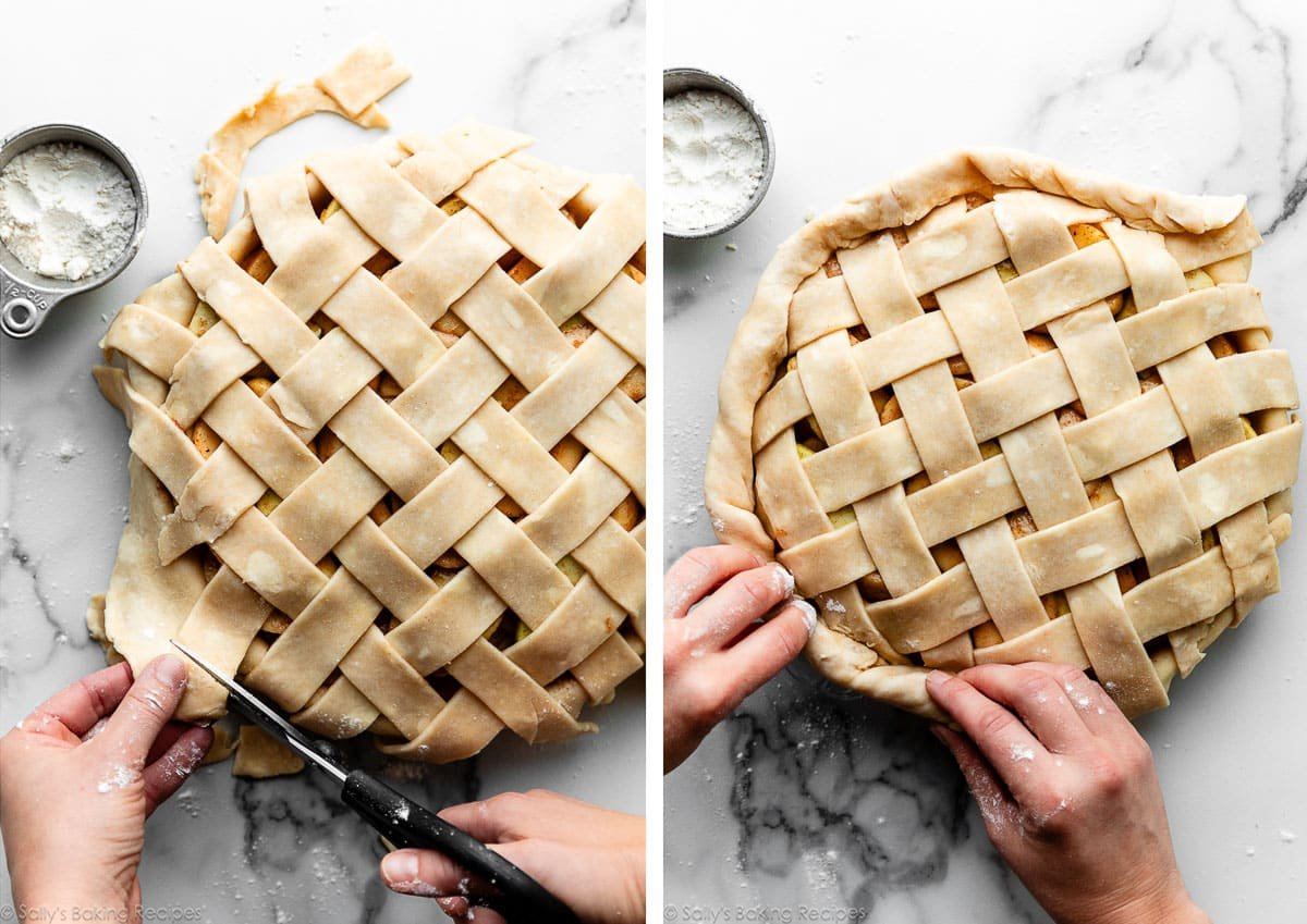 hands trimming pie dough edges and shown again folding the pie dough edges together.